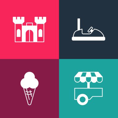 Pop Art Fast sokak yemek arabasını, dondurma külahını, Bumper ve Castle ikonunu hazırla. Vektör