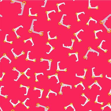 Çocuk simgesi için çizgi kaykaylı scooter kırmızı arka planda izole edilmiş pürüzsüz desen. Motoru tekmele ya da dengeli sür. Vektör