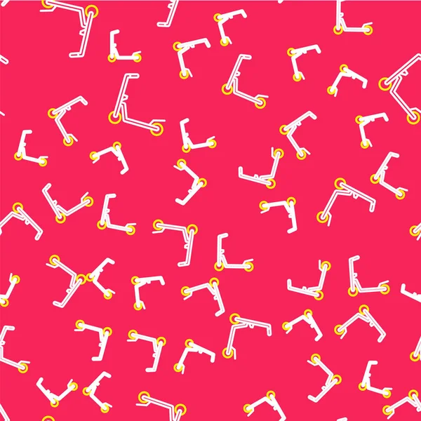 Çocuk simgesi için çizgi kaykaylı scooter kırmızı arka planda izole edilmiş pürüzsüz desen. Motoru tekmele ya da dengeli sür. Vektör