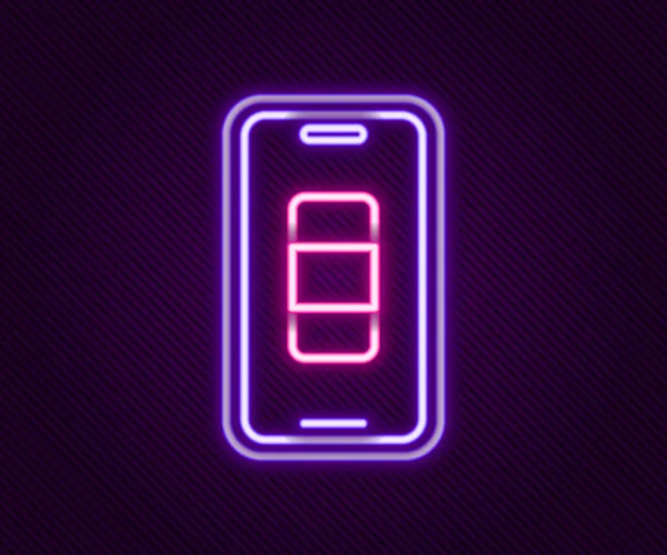Ragyogó Neon Vonal Okostelefon Akkumulátor Töltés Ikon Elszigetelt Fekete Háttérrel — Stock Vector