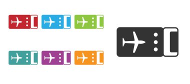 Siyah Havayolları bilet ikonu beyaz arka planda izole edildi. Uçak bileti. Simgeleri renklendirin. Vektör