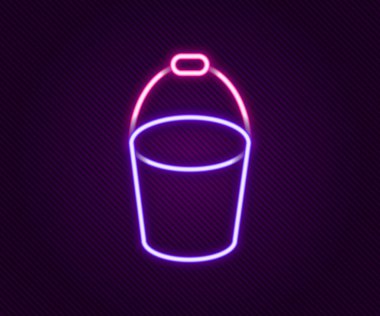 Parlayan neon hattı Ateş Kovası simgesi siyah arkaplanda izole edildi. Metal kova boş ya da ateşle savaşmak için su var. Renkli taslak konsepti. Vektör