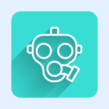 Beyaz çizgi gaz maskesi simgesi uzun gölge arkaplanı ile izole edildi. Solunum cihazı işareti. Yeşil kare düğmesi. Vektör