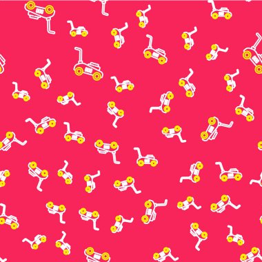 Çizgi çim biçme makinesi simgesi kırmızı zeminde izole edilmiş pürüzsüz desen. Çim biçme makinesi çim biçiyor. Vektör