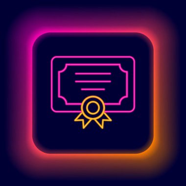 Parlayan neon hattı sertifika şablonu simgesi siyah arkaplanda izole edildi. Başarı, ödül, diploma, burs, diploma kavramları. Renkli taslak konsepti. Vektör