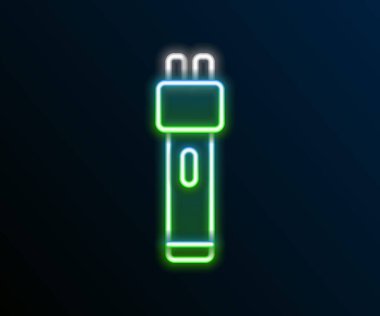 Parlayan neon hattı Polis elektrik şoku ikonu siyah arka planda izole edildi. Korunma için şok edici. Şok tabancası elektrikli bir silahtır. Renkli taslak konsepti. Vektör