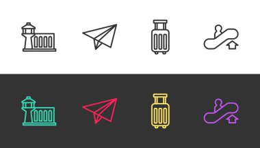 Havaalanı kontrol kulesi, kağıt uçak, bavul ve yürüyen merdiven ayarlayın. Vektör