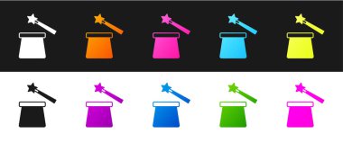 Sihirli şapka ve değnek simgesini siyah ve beyaz arkaplanda izole et. Sihir numarası. Gizemli eğlence konsepti. Vektör