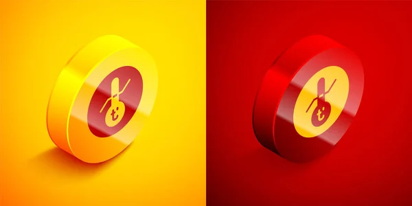 Isometric Meteorology thermometer measuring icon isolated on orange and red background. Thermometer equipment showing hot or cold weather. Circle button. Vector — Stock Vector