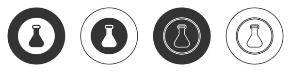 검은 색 시험관 과 플라스크 화학 실험실의 실험용 아이콘은 흰 배경에 분리되었다. 실험용 유리 제품 간판. 서클 버튼. Vector — 스톡 벡터