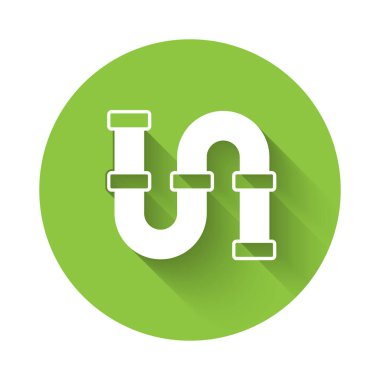 Beyaz Endüstri metalik boru ikonu uzun gölgeli arka planda izole edilmiş. Tesisat boru hattının farklı şekillerde parçaları. Yeşil daire düğmesi. Vektör