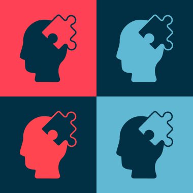 Psikoloji ikonundaki soruna Pop Art Soluolution renkli arka planda izole edildi. Bulmaca. Akıl sağlığı terapisi. Vektör