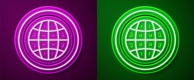 Parlayan neon hattı Global teknoloji veya sosyal ağ simgesi mor ve yeşil arka planda izole edildi. Vektör