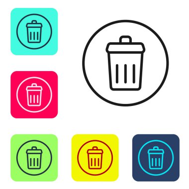 Siyah çizgi Çöp kutusu simgesi beyaz arkaplanda izole edildi. Çöp kutusu tabelası. Sepet simgesini geri dönüştür. Ofis çöpü ikonu. Renkli kare düğmelerle simgeleri ayarla. Vektör