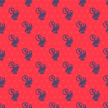 Mavi çizgi insan havaalanı terminali ikonunda bekliyor. Kırmızı arka planda izole edilmiş pürüzsüz desen. Vektör