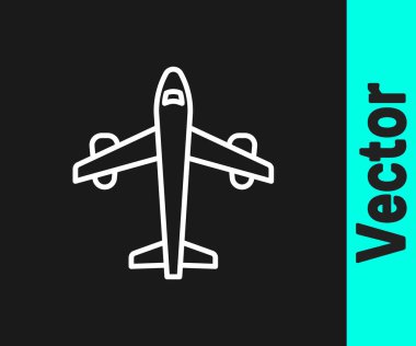 Beyaz çizgi düzlem simgesi siyah arkaplanda izole edildi. Uçan uçak ikonu. Uçak tabelası. Vektör