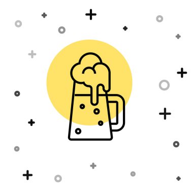 Beyaz arka planda siyah çizgi ahşap bira kupası ikonu var. Rastgele dinamik şekiller. Vektör