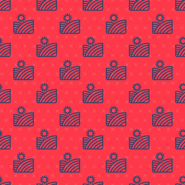 Blue line Vineyard wine grapes hills farm icon isolated seamless pattern on red background. Vine plantation hills landscape. Vector — 스톡 벡터