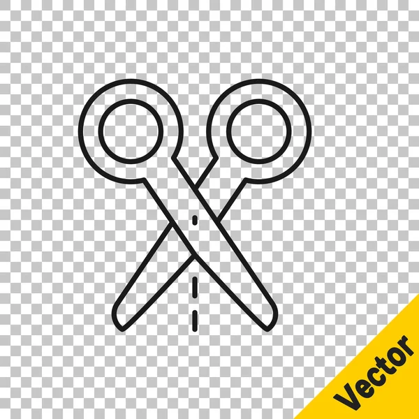 Black line Scissors with cut line icon isolated on transparent background. Tailor symbol. Cutting tool sign. Vector — 스톡 벡터