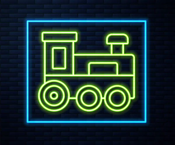 Glödande neon linje Leksak tåg ikon isolerad på tegel vägg bakgrund. Vektor — Stock vektor