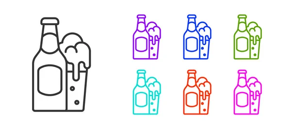 Botol bir dan ikon kaca garis hitam diisolasi dengan latar belakang putih. Simbol minuman beralkohol. Mengatur ikon penuh warna. Vektor - Stok Vektor