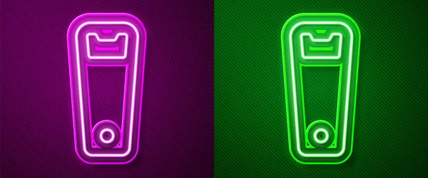 Ligne lumineuse néon icône ouvre-bouteille isolé sur fond violet et vert. Vecteur — Image vectorielle