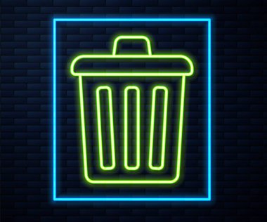 Parlayan neon hattı çöp kutusu simgesi tuğla duvar arka planında izole edildi. Çöp kutusu tabelası. Sepet simgesini geri dönüştür. Ofis çöpü ikonu. Vektör