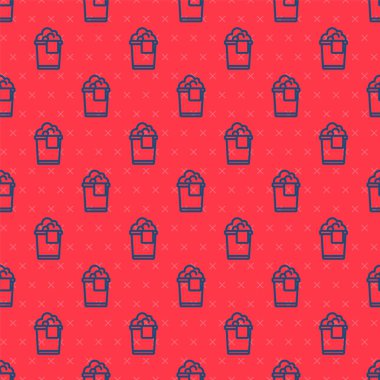 Köpük ve baloncuk ikonlu mavi çizgi kovası kırmızı arkaplanda izole edilmiş pürüzsüz desen. Temizlik hizmeti konsepti. Vektör