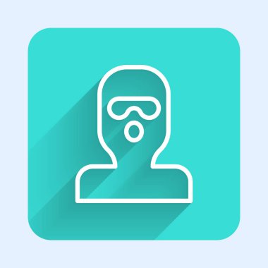 Beyaz çizgi Hırsız maskesi simgesi uzun gölge arkaplan izole. Haydut maskesi, suçlu adam. Yeşil kare düğmesi. Vektör