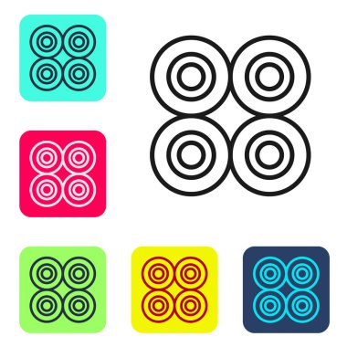 Siyah çizgi kaykay tekeri simgesi beyaz arkaplanda izole edildi. Kaykay tekerleği. Renkli kare düğmelerle simgeleri ayarla. Vektör