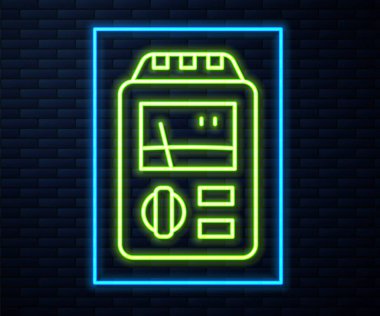 Işıldayan neon hattı dozimetresi, duvardaki izole edilmiş radyasyon ikonunu ölçmek için. Gama radyasyon kişisel dozimetre. Vektör