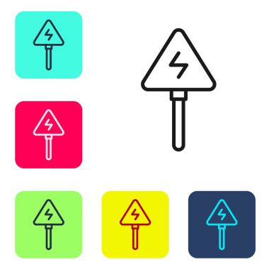 Siyah çizgi yüksek gerilim işareti simgesi beyaz arkaplanda izole edildi. Tehlike sembolü. Üçgendeki ok. Uyarı simgesi. Renkli kare düğmelerle simgeleri ayarla. Vektör