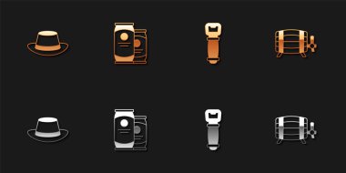 Oktoberfest şapkası, bira kutusu, şişe açacağı ve tahta fıçı ikonu. Vektör