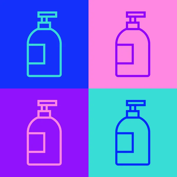 Pop art line Icono de la botella de líquido lavavajillas aislado en el fondo de color. Detergente líquido para lavar platos. Vector — Vector de stock