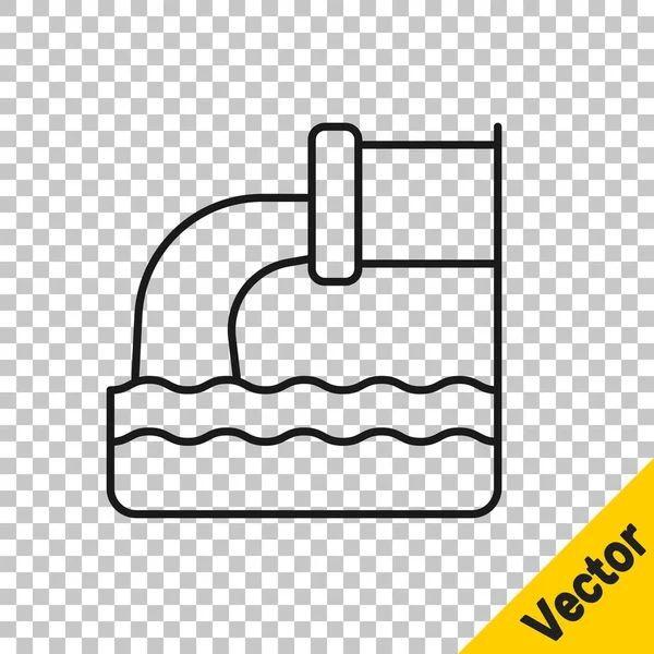 Linea nera Icona delle acque reflue isolata su sfondo trasparente. Tubo fognario. Dal tubo che scorre liquido nel fiume. Vettore — Vettoriale Stock