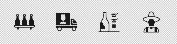 Set Bottle of wine, Wine truck, and Farmer the hat icon. Vector — Stock Vector