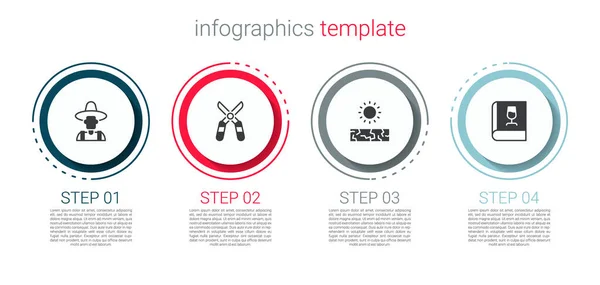 Set Farmer in the hat, Gardening scissors, Drought and Book about wine. Business infographic template. Vector — 图库矢量图片