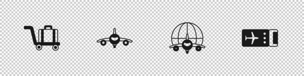Set Trolley Gepäck, Flugzeug, Globus mit fliegendem Flugzeug und Airline-Ticket-Symbol. Vektor — Stockvektor
