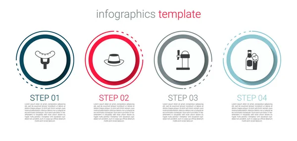 Nasaďte klobásu na vidličku, čepici Oktoberfest, dávkovač piva a láhev od piva a sklo. Obchodní infografická šablona. Vektor — Stockový vektor