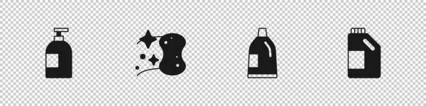 Set Lavavajillas botella líquida, esponja, botella para el agente de limpieza y el icono. Vector — Archivo Imágenes Vectoriales