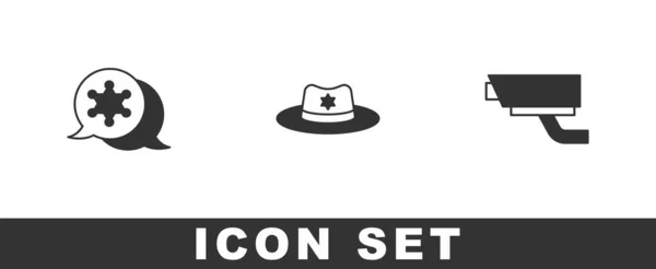 Conjunto Hexagram sheriff, sombrero del sheriff con placa y el icono de la cámara de seguridad. Vector — Archivo Imágenes Vectoriales