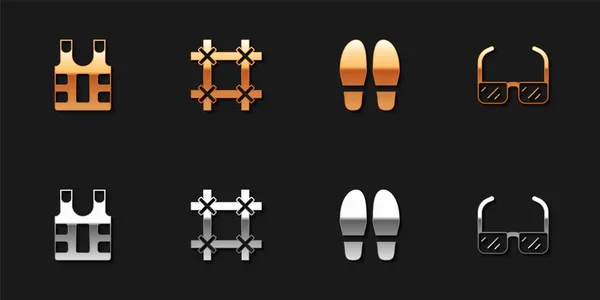 Set Bulletproof vest, Prison window, Footsteps and Safety goggle glasses icon. Vector — 스톡 벡터