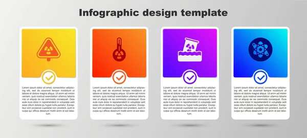 Set Triángulo con radiación, Termómetro meteorológico, Residuos radiactivos en barrica y átomo. Plantilla de infografía empresarial. Vector — Vector de stock