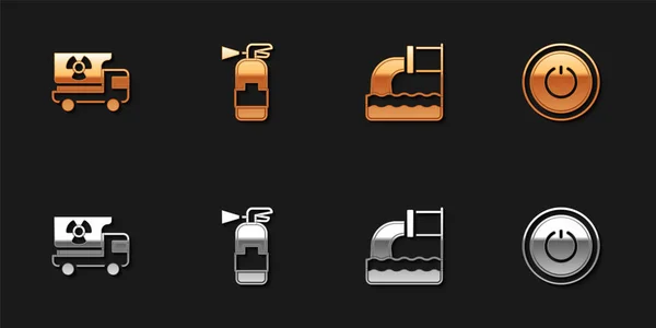 Set Truck with radiation materials, Fire extinguisher, Wastewater and Power button icon. Vector — 스톡 벡터