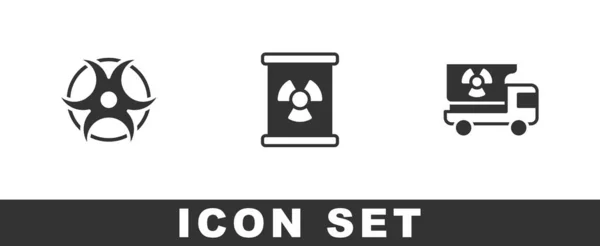 Establecer símbolo de peligro biológico, residuos radiactivos en barril y camión con icono de materiales de radiación. Vector — Vector de stock