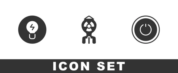 Set Bombilla con concepto de idea, bomba nuclear e icono de botón de encendido. Vector — Archivo Imágenes Vectoriales