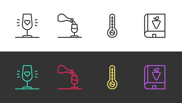Set line Weinglas, Verkostung, Verkostung, Meteorologie Thermometer und Buch über Trauben auf schwarz-weiß. Vektor — Stockvektor