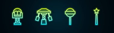 Cazibe Atlıkarınca, Lolipop ve Sihirli Asa 'yı ayarla. Parlayan neon ikonu. Vektör