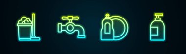 Hat, süpürge ve kova, su musluğu, bulaşık deterjanı şişesi ve... Parlayan neon ikonu. Vektör