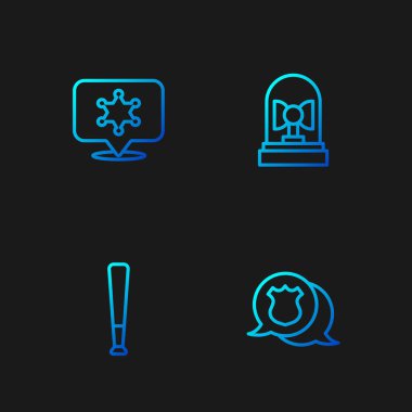 Polis rozeti, beysbol sopası, Hexagram şerifi ve Flasher Sireni. Renk simgeleri. Vektör